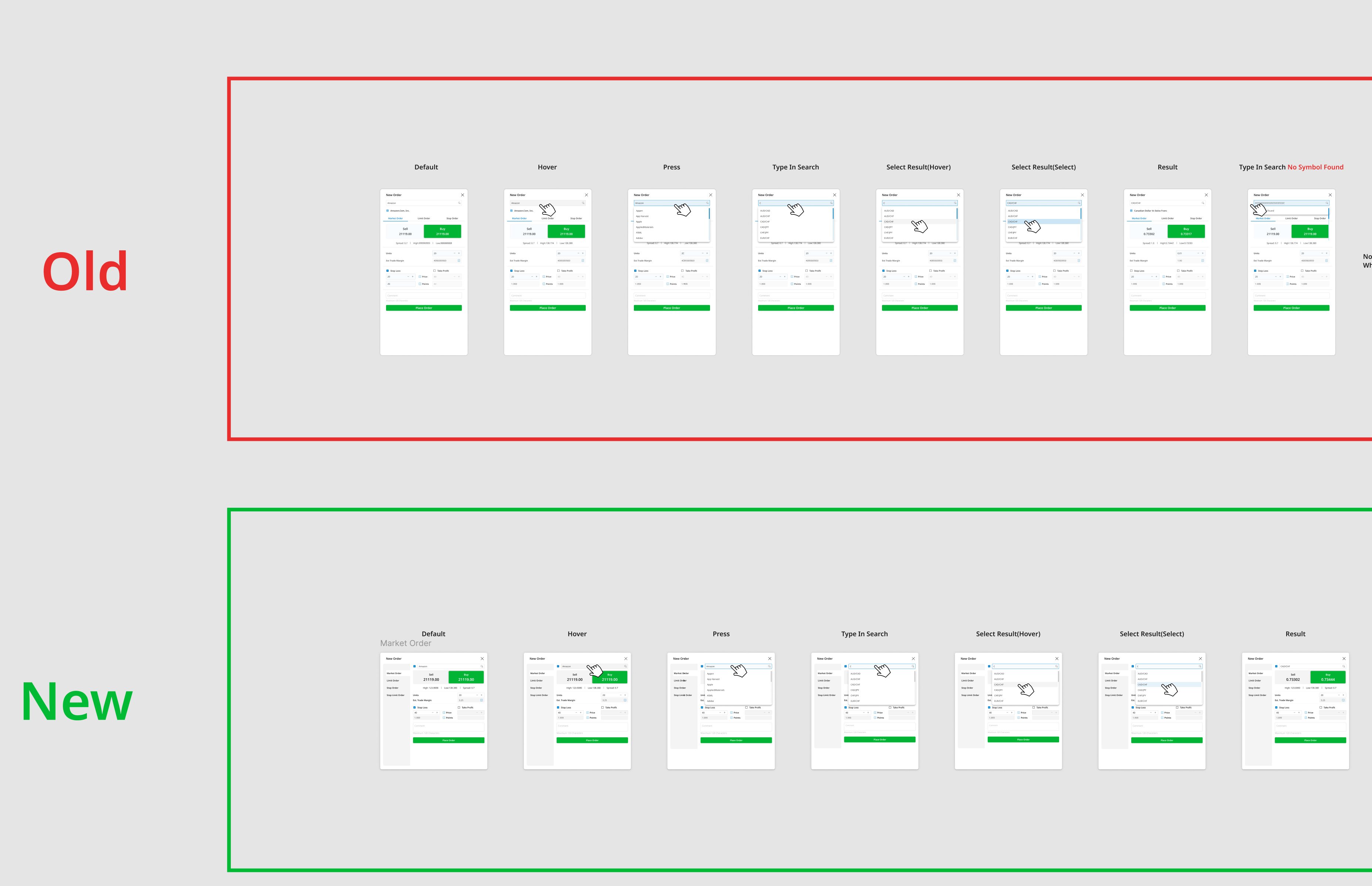 Order panel interaction states: Default, Hover, Press, Type In Search, Select Result. Old vs New comparison —…